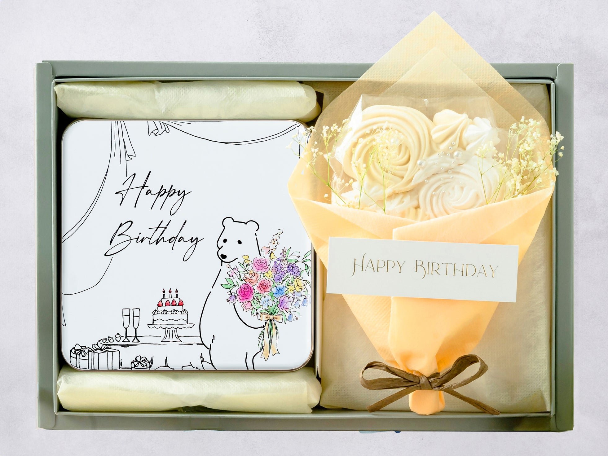 森の誕生日会クッキー缶とメレンゲ花束のギフトボックス