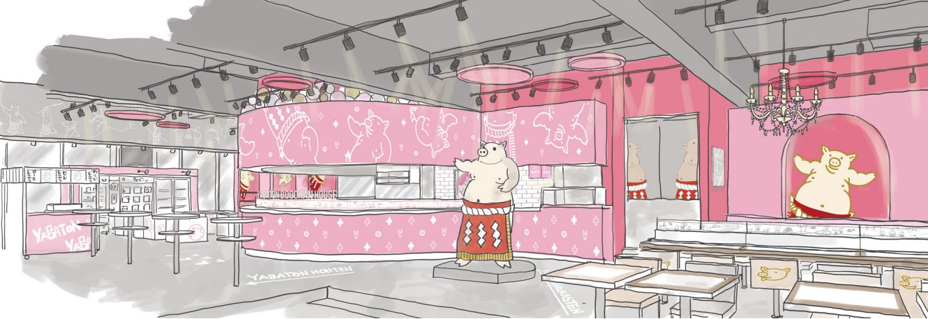 矢場とんぶーちゃんハウスの入口側から見た店内イラスト