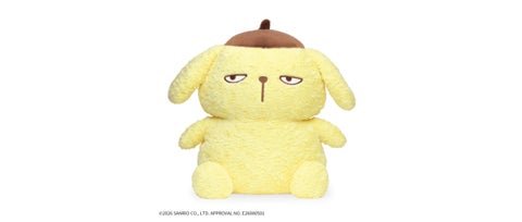 ベレー帽をかぶったポムポムプリンのぬいぐるみ