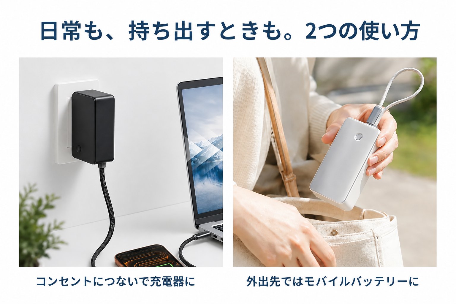 普段から使って、残量を確かめる。 / コンセントが使える場所でも、外出先でも。日常から使い慣れた一台を備えに。