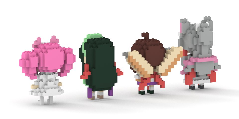 4体のブロックフィギュアが並ぶ背面ラインナップ