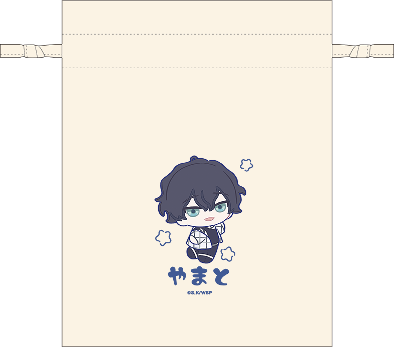 紺色の癖毛キャラクター「やまと」が描かれた巾着