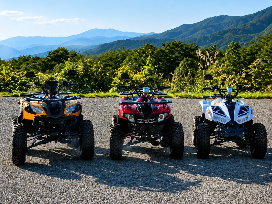 山々を背景に並ぶオフロードバギー体験の3台の車両