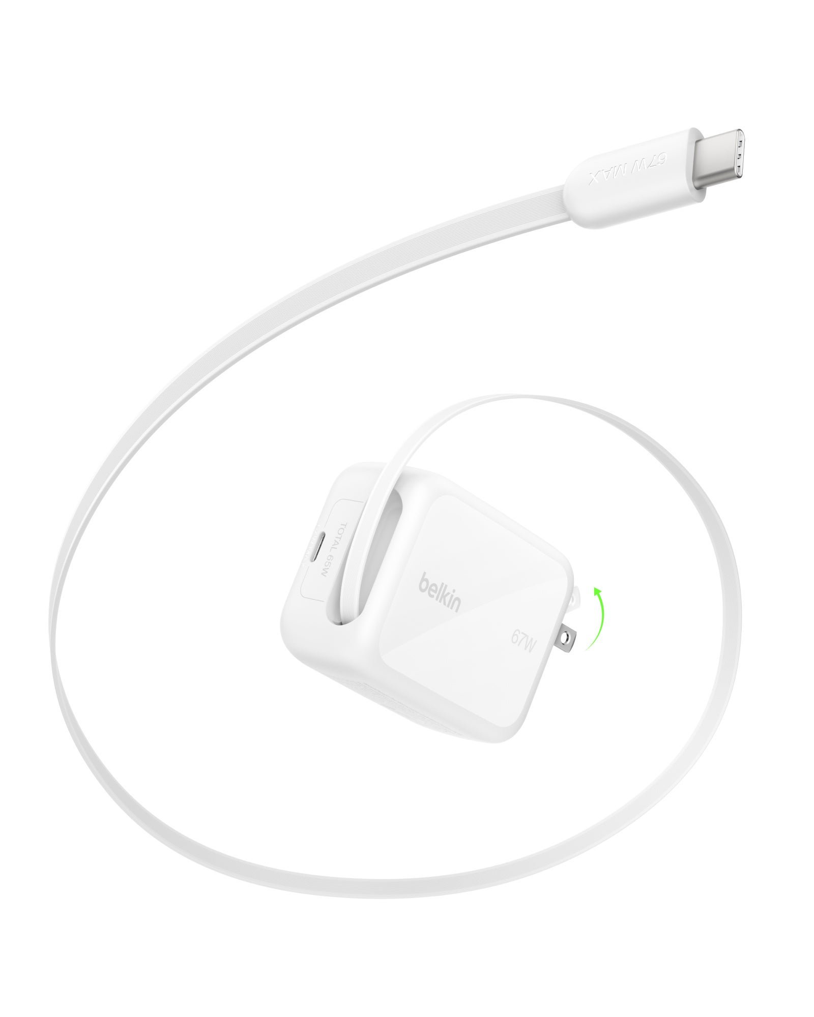 BoostCharge Pro 67Wの巻き取り式USB-Cケーブルと折りたたみプラグ