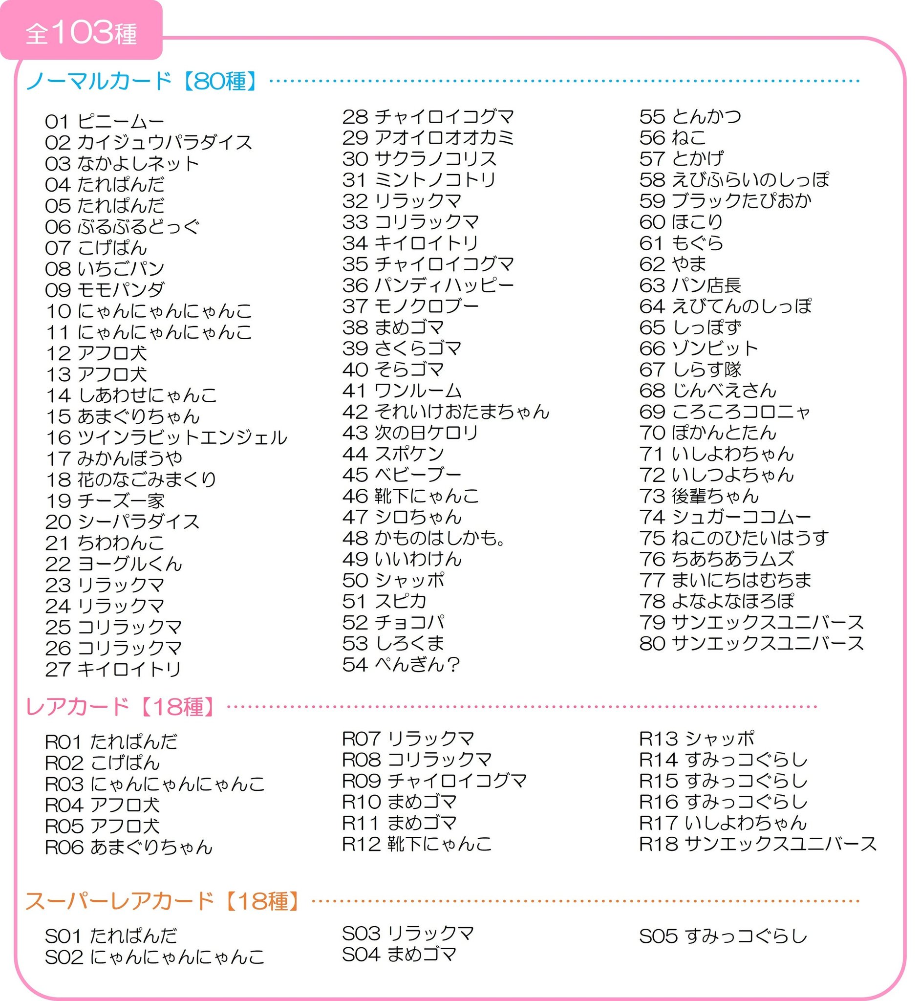 あつめてカードコレクション第3弾の全103種一覧