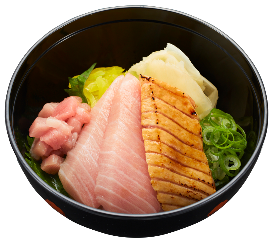 生・焦がし醤油炙り・とろぶつを盛った「贅沢 大とろ小丼」