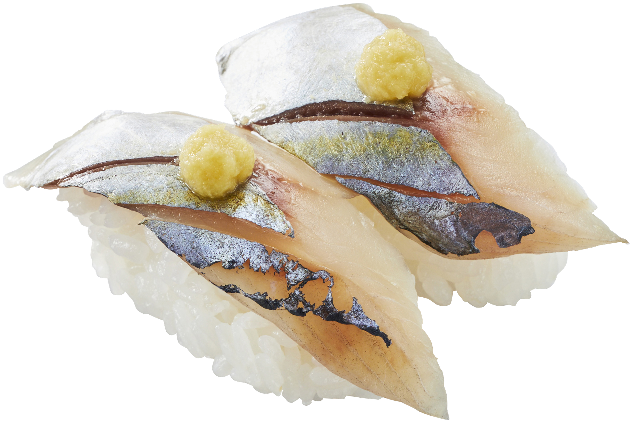おろし生姜を添えた天然メアジ塩炙りのにぎり寿司