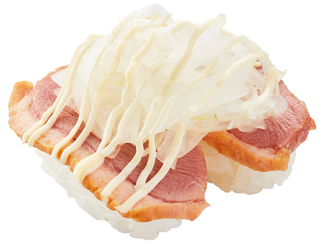 マヨネーズと薬味をかけた合鴨ロース オニオンマヨのにぎり寿司