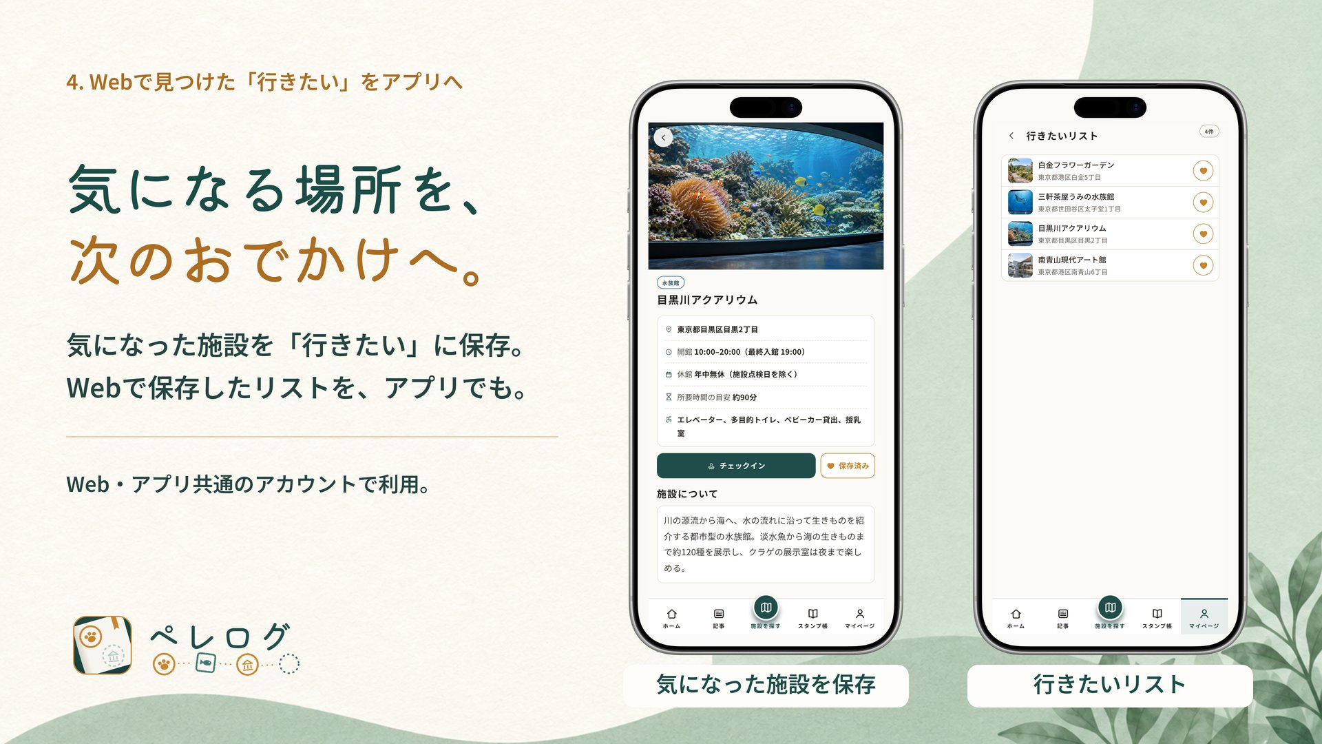 4. Webで見つけた「行きたい」をアプリへ / 施設ページと「行きたい」リスト