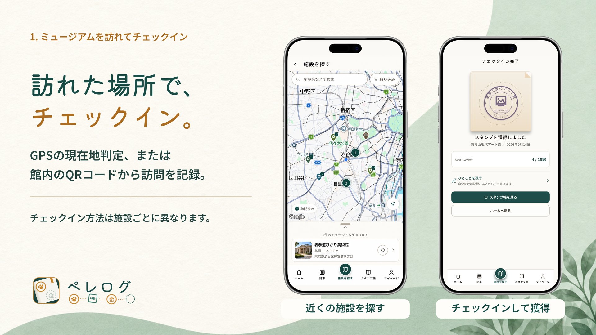 1. ミュージアムを訪れてチェックイン / GPSの現在地判定または館内のQRコードでチェックイン
