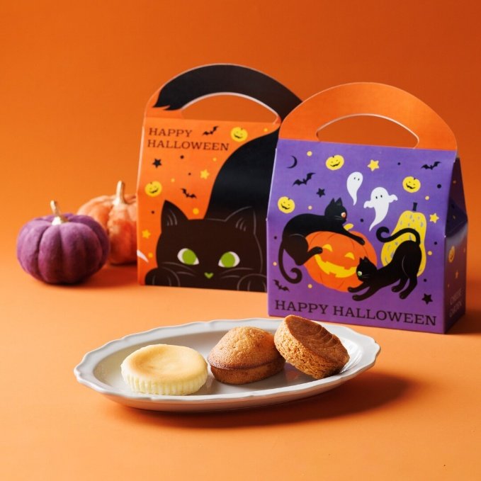 ミニかぼちゃの飾りと並ぶパープルとオレンジのハロウィン焼菓子ボックス2種