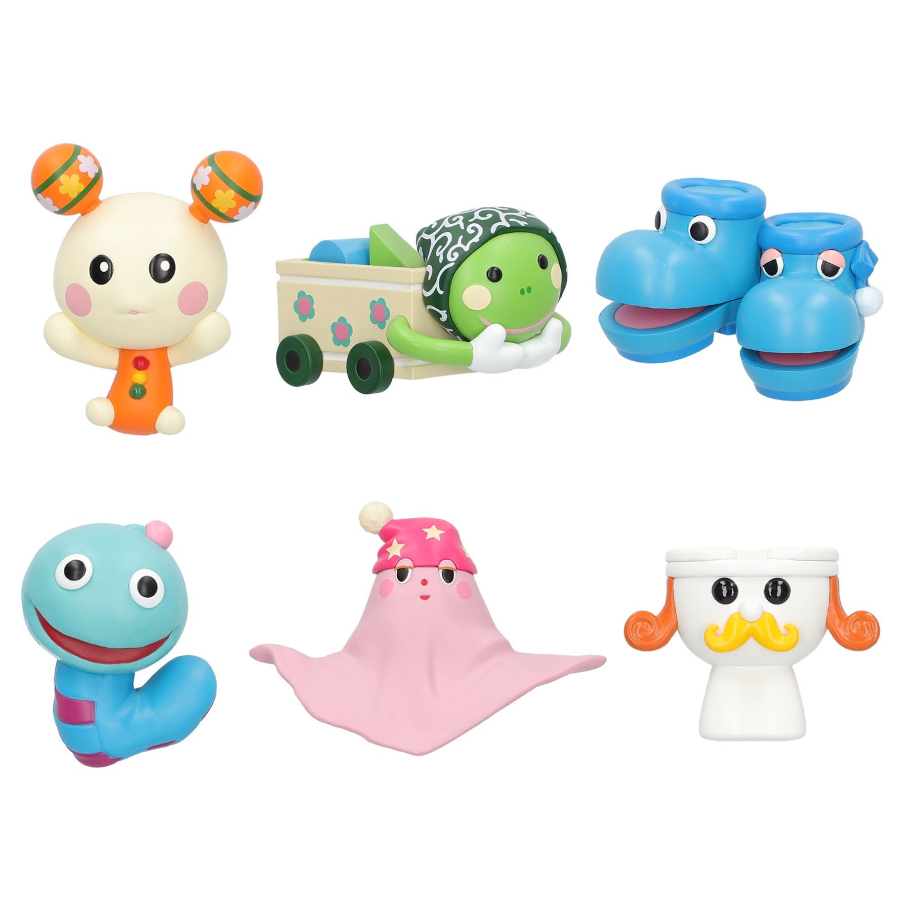 ■10月1日発売の新商品(一部) / (左上段から)うーたん、バコン、クックー(左下段から)ぐーたん、モウフー、ベンキー