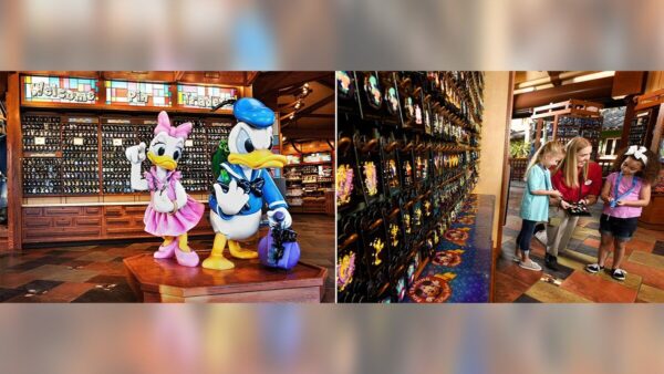 ディズニーのピンが並ぶショップとピンを交換するゲスト