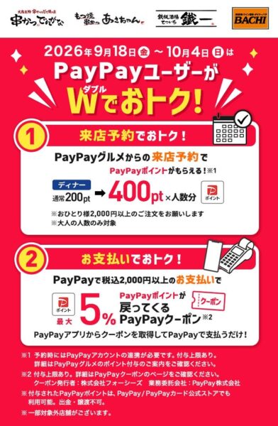 串かつ でんがな・もつ焼き串かつ あさちゃん・鉄板酒場 鐵一・鉄板焼きバルダイナー BACHI PayPayキャンペーン概要