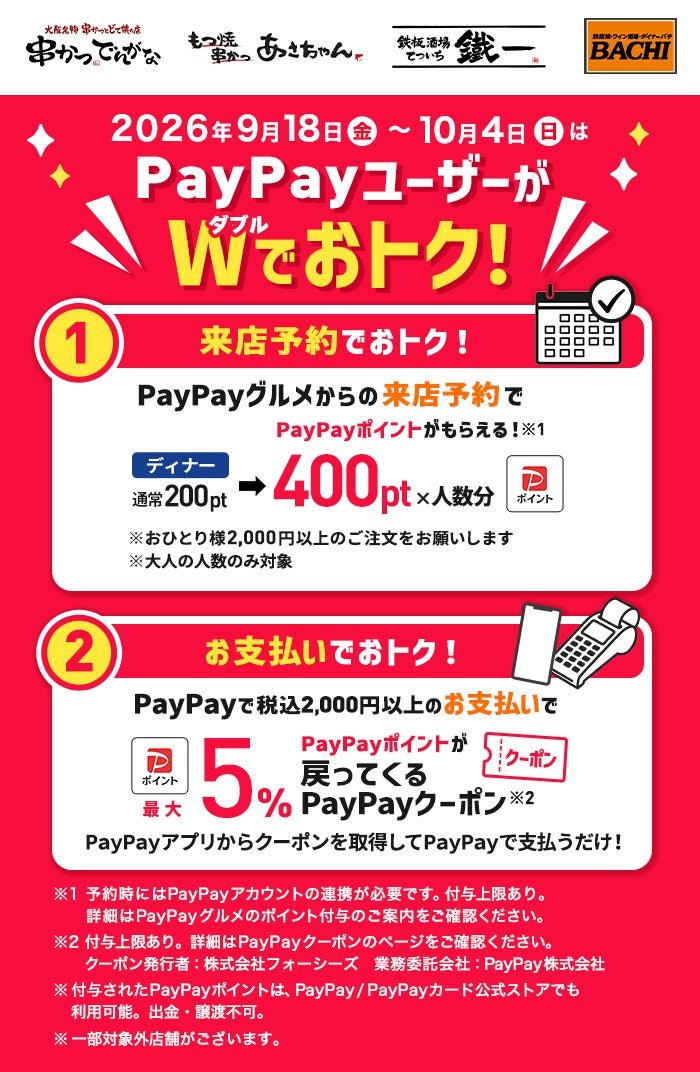 串かつ でんがな・もつ焼き串かつ あさちゃん・鉄板酒場 鐵一・鉄板焼きバルダイナー BACHI PayPayキャンペーン概要