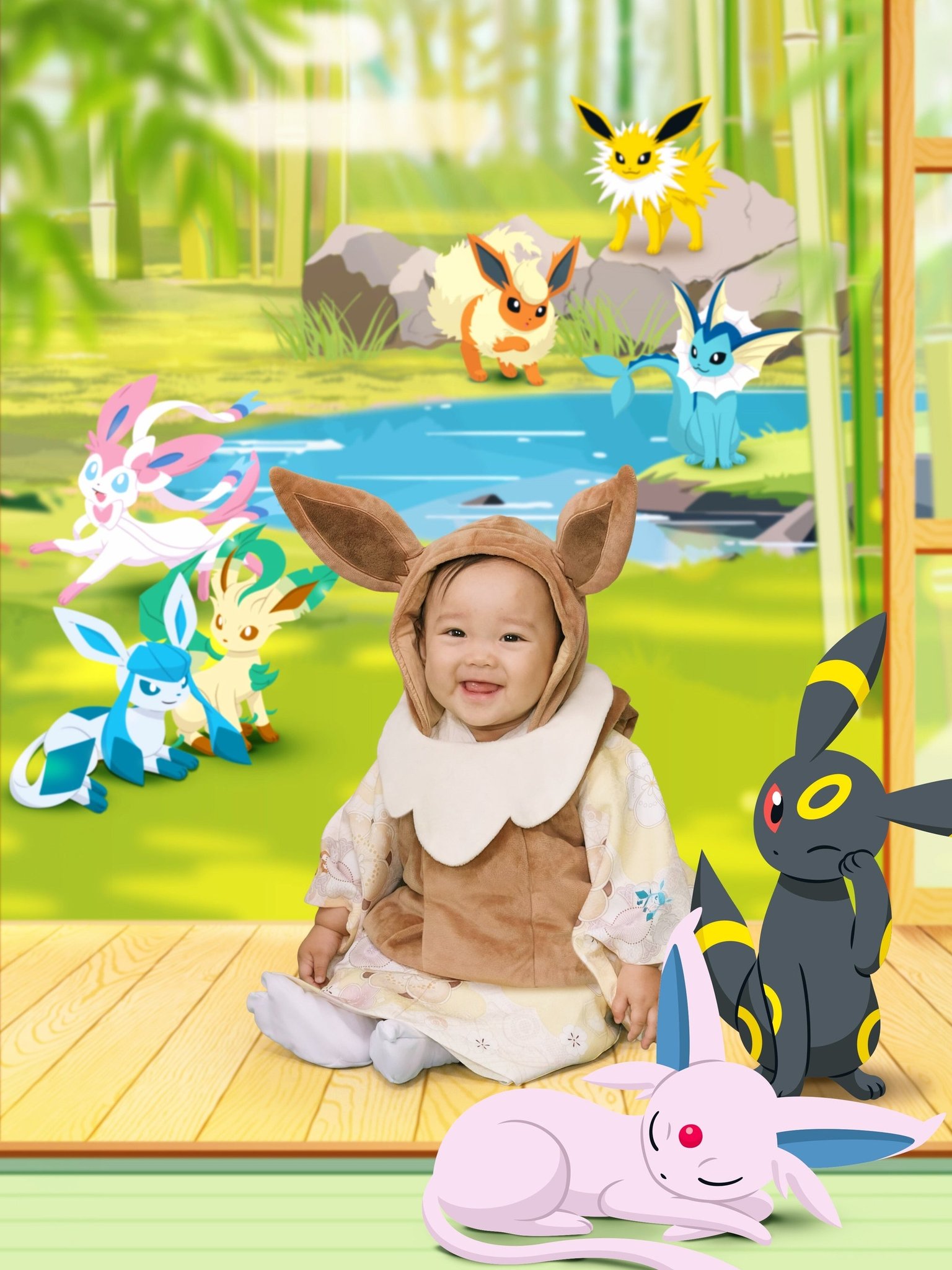 イーブイの着ぐるみと着物風衣装を組み合わせた赤ちゃんと進化系ポケモンの背景