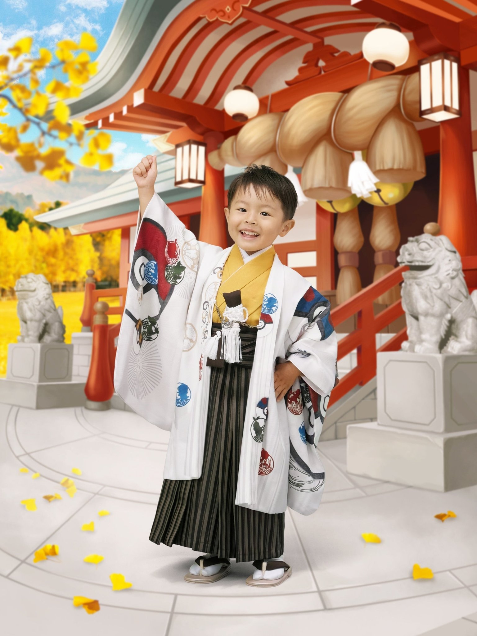 紋様柄の羽織と縞袴姿の男児と神社風の背景