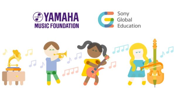 YAMAHA MUSIC FOUNDATIONとSony Global Educationのロゴと楽器を演奏する子どものイラスト
