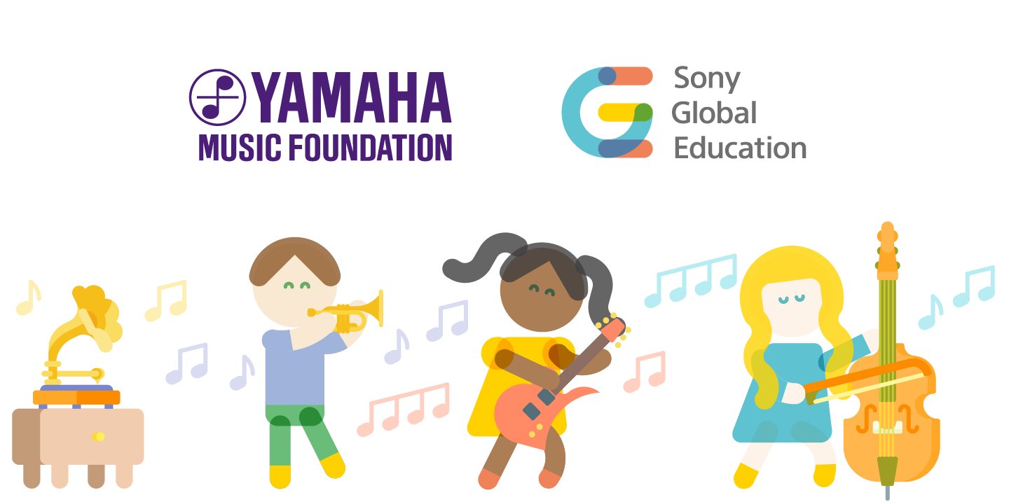 YAMAHA MUSIC FOUNDATIONとSony Global Educationのロゴと楽器を演奏する子どものイラスト