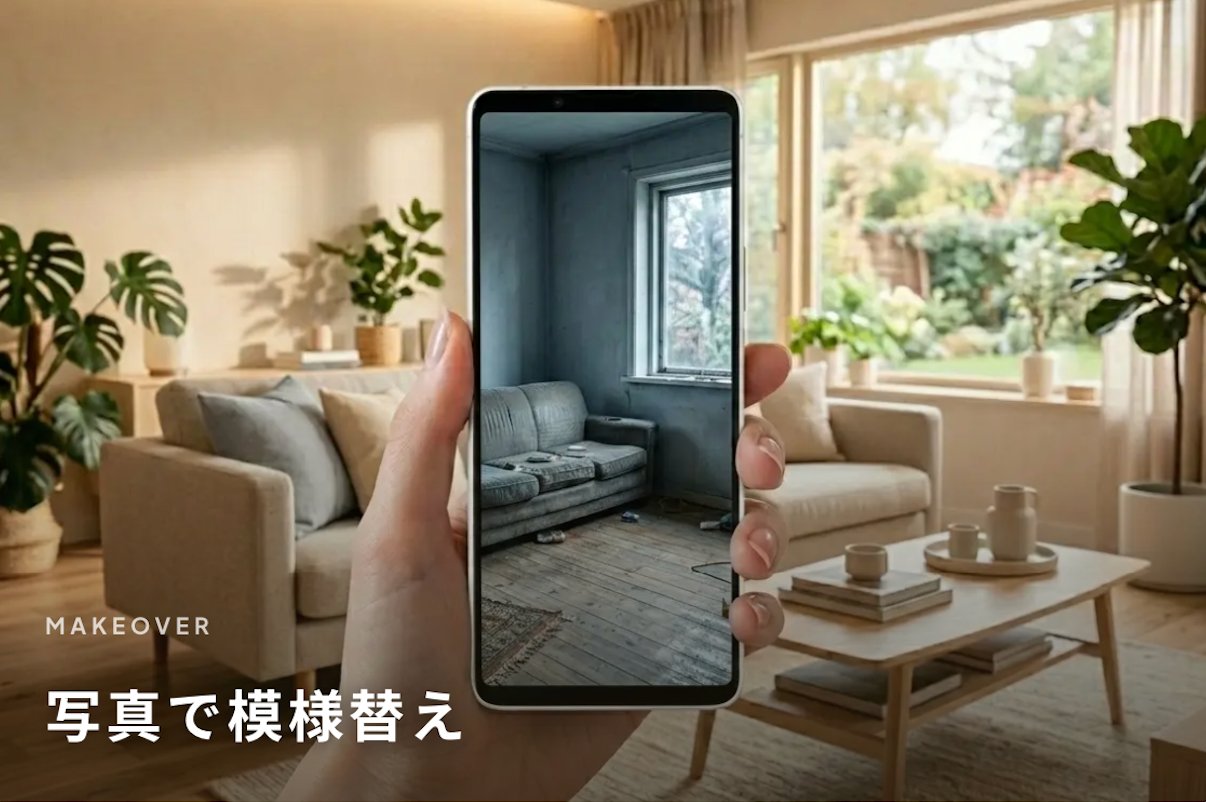 特徴1：今の部屋の写真を撮るだけでAIが理想の空間を視覚化