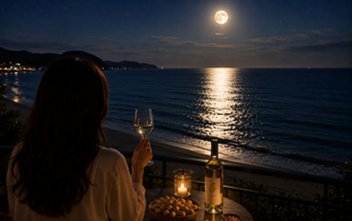 01｜月と海に癒やされる秋 THE ONJUKU terrace［御宿］ 月夜の海を楽しんだ後は、オーシャンビューの客室で梨のスパークリングワインと落花生を。