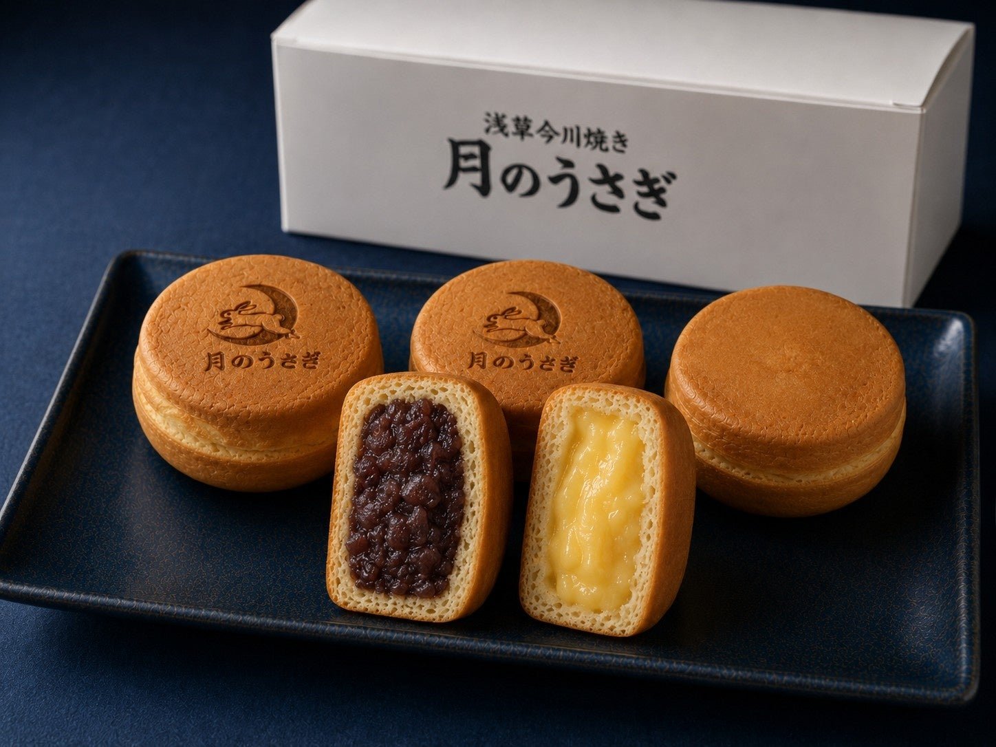 浅草今川焼き 月のうさぎ 粒あんとカスタードの断面と化粧箱