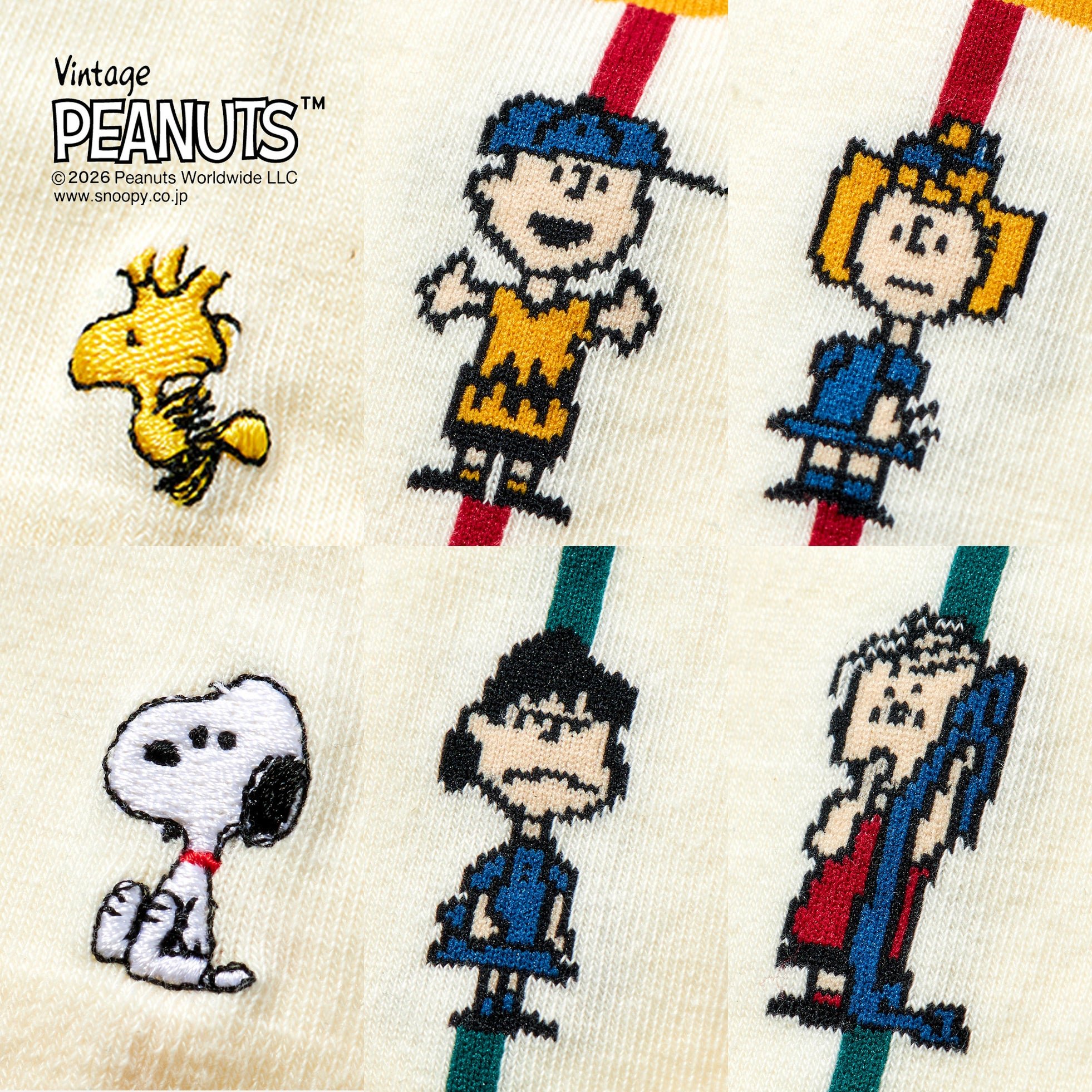 アイボリー×マルチの靴下に施された6人のキャラクター刺繍