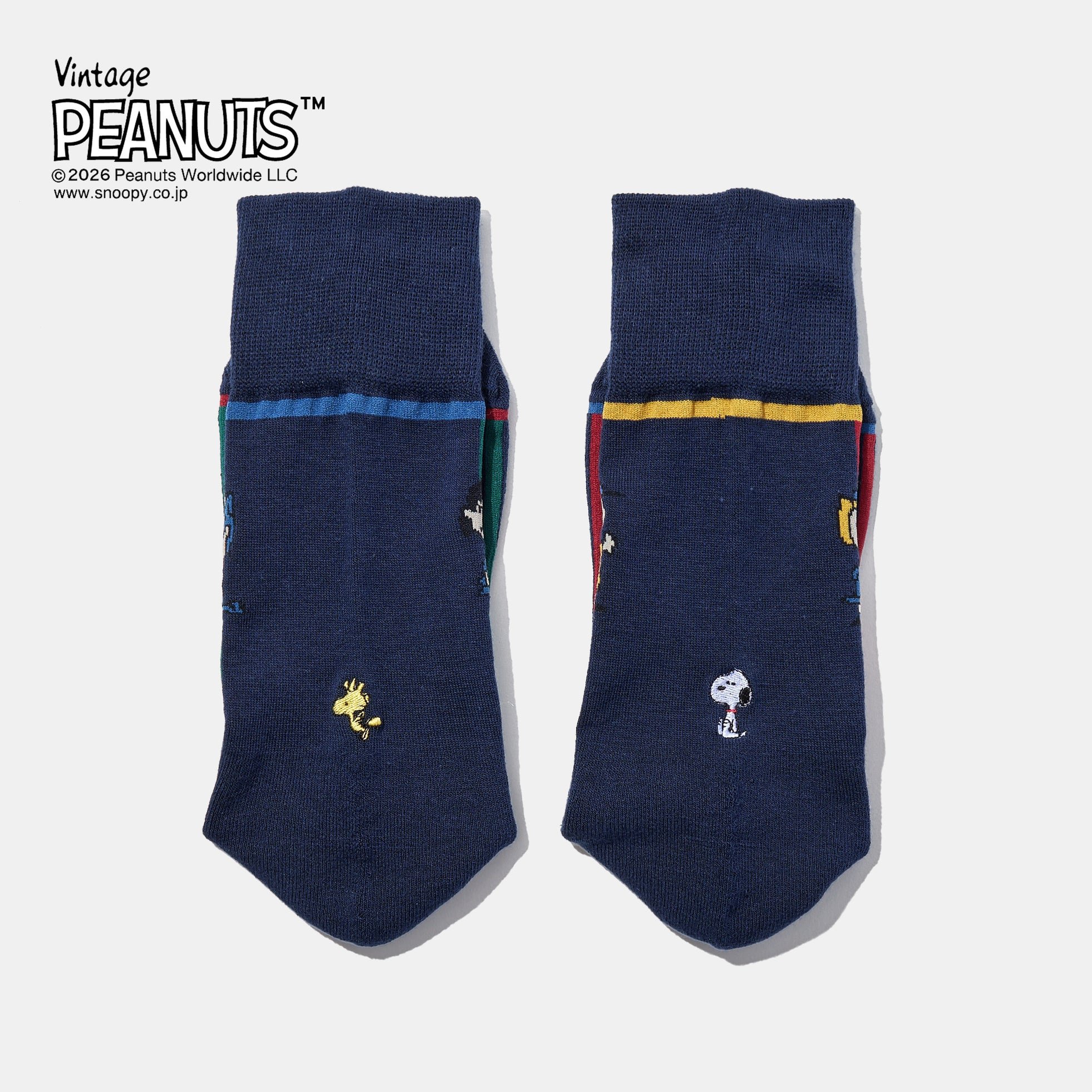 ネイビー×マルチの靴下に施されたキャラクター刺繍とライン
