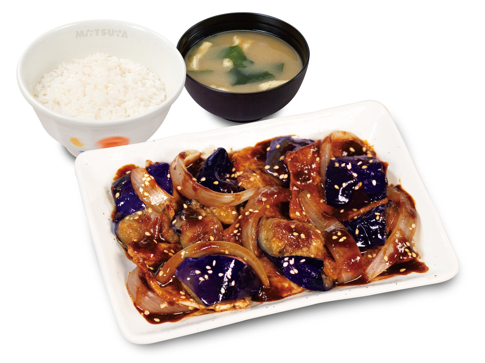 ご飯と味噌汁付きの「豚と茄子の辛味噌炒め」単品