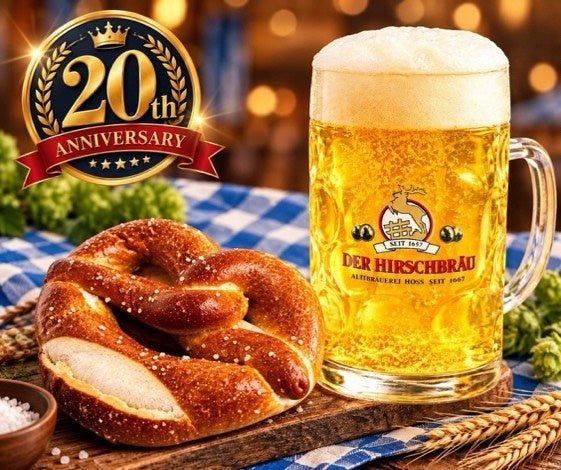 Der Hirschbräuの20周年記念ビールとプレッツェル