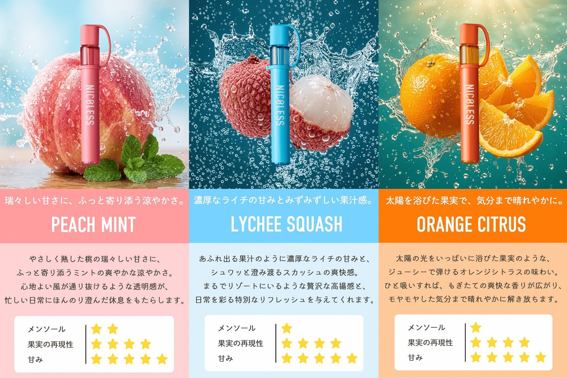PEACH MINT・LYCHEE SQUASH・ORANGE CITRUS