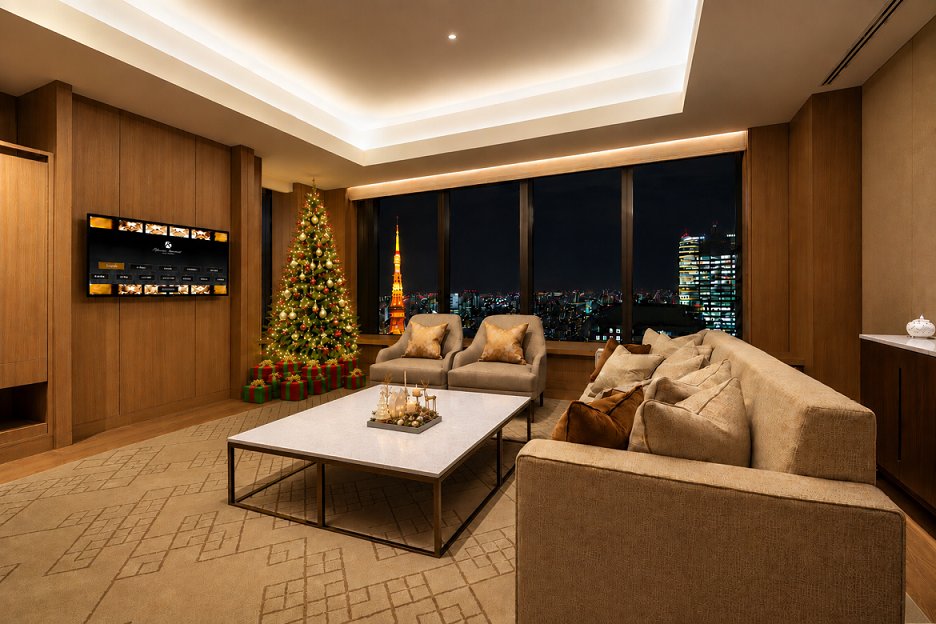 インペリアルスイートのクリスマスツリーと東京タワーの夜景