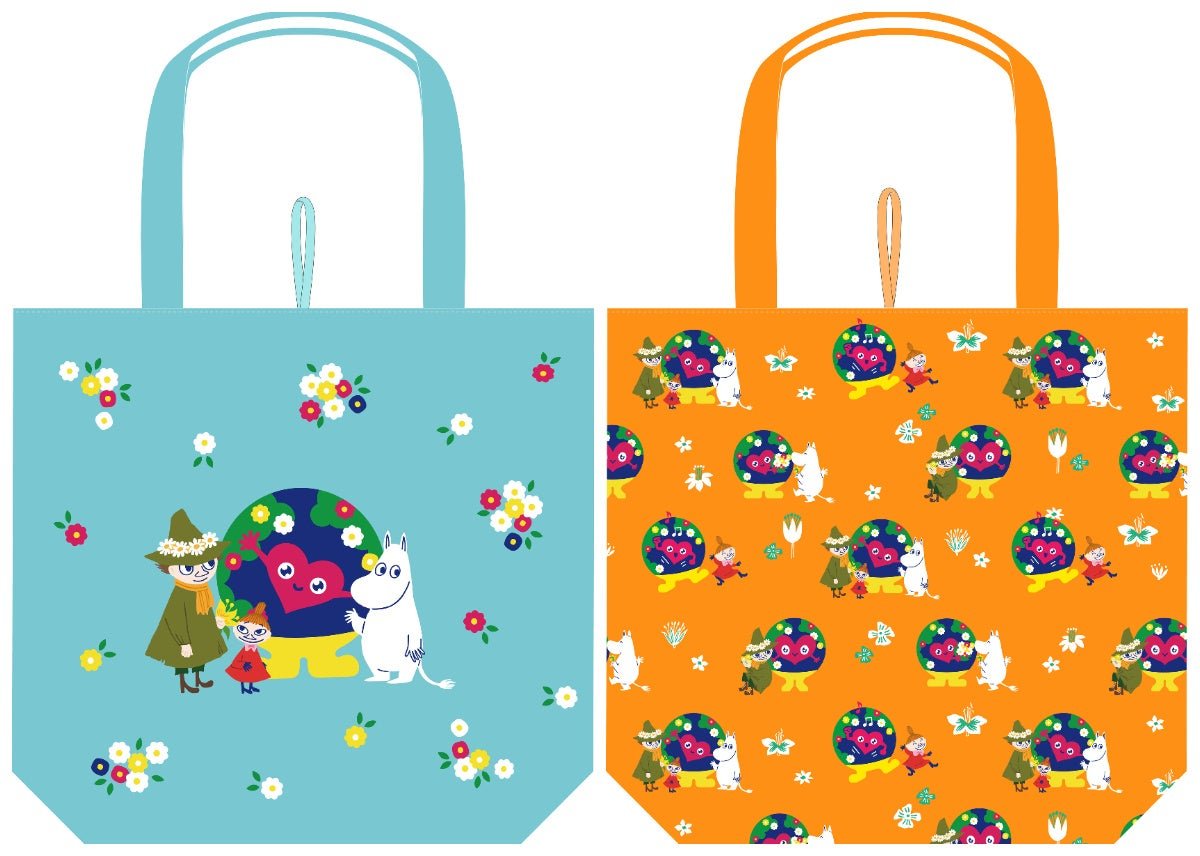 水色とオレンジ2種のトートバッグに描かれたムーミンとトゥンクトゥンク