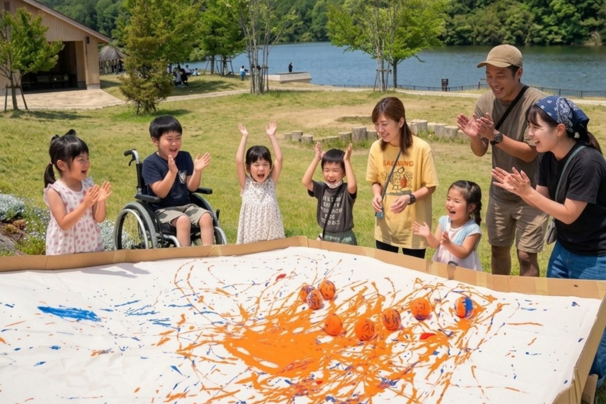 みんなで一緒に、ころころアート!? 完成した作品の前で喜ぶ参加者