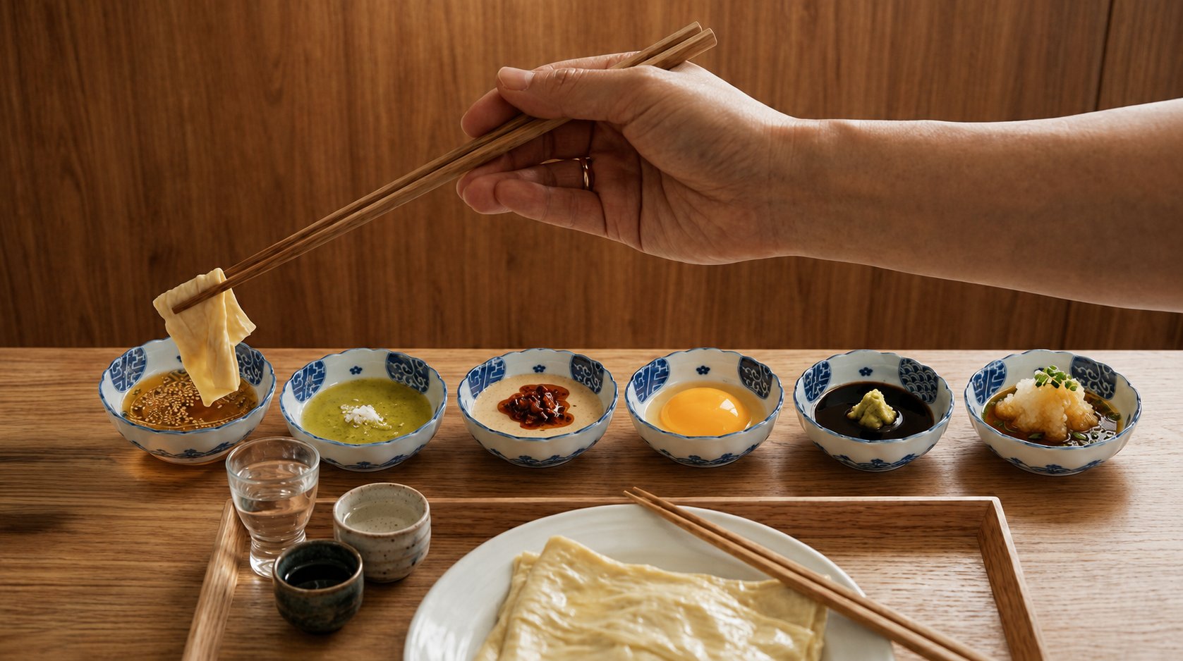 6種類の調味料と湯葉の食べ比べ
