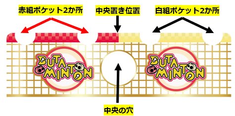 ネットの赤組ポケット・白組ポケット・中央の穴の配置