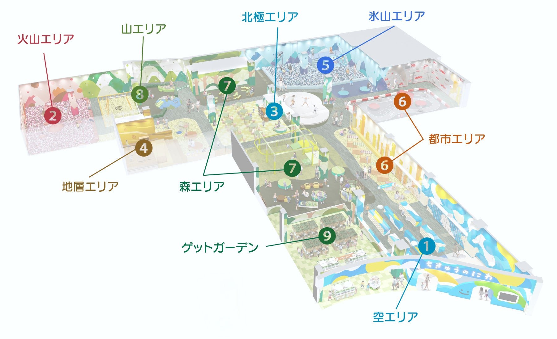 施設全体を斜め上から見たイラストマップで9つのエリアを示す