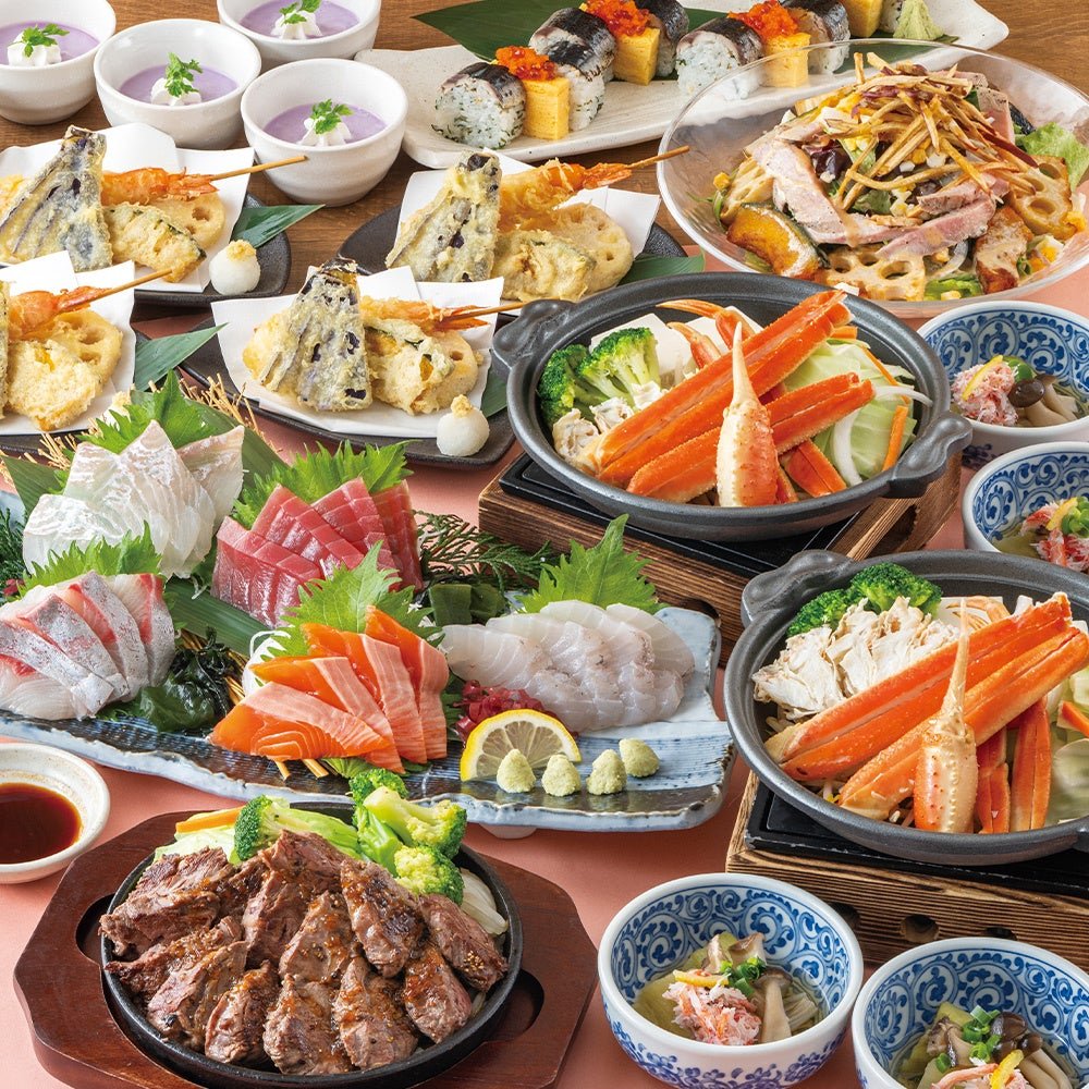 6,500円コースの天ぷらと蟹陶板蒸しなど