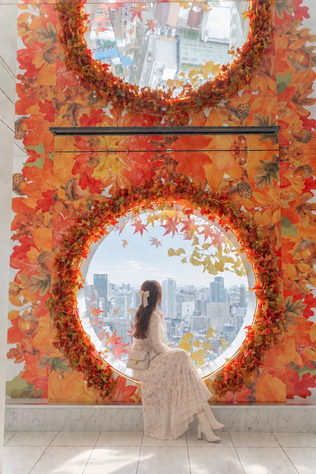 紅葉と大阪の街並みが織りなす、秋限定の丸窓