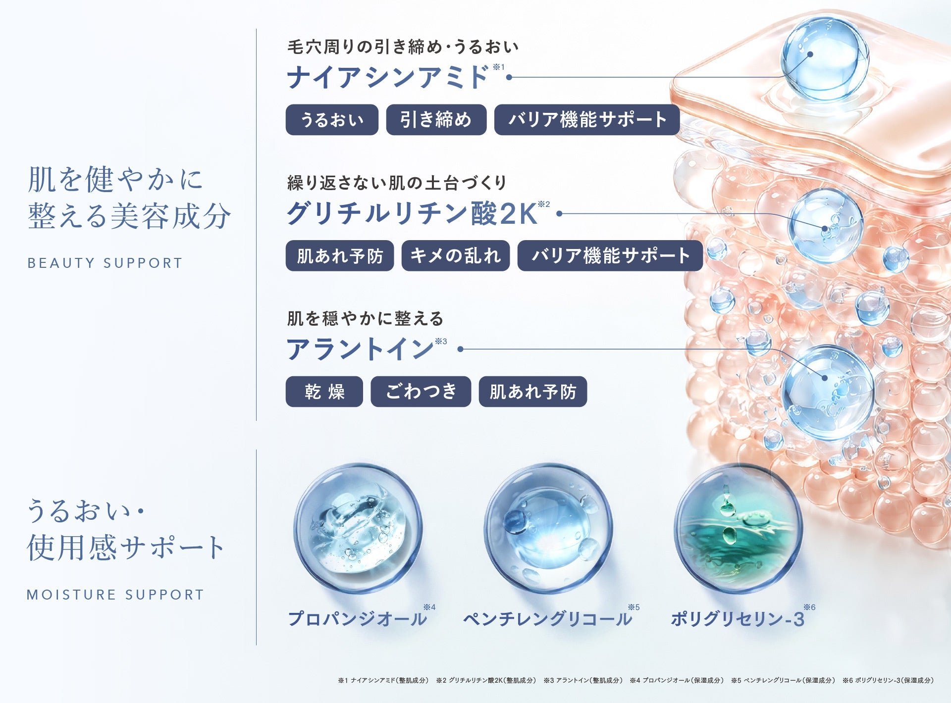 4. ナイアシンアミド(*3)、グリチルリチン酸2K(*3)、アラントイン(*3)を配合