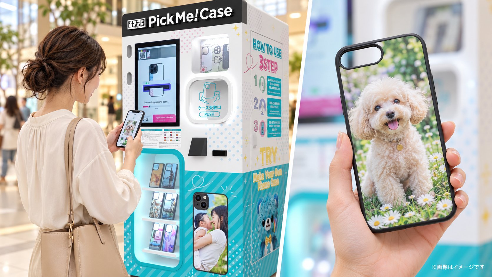 スマホケース自動販売機「PickMe!Case」利用イメージ