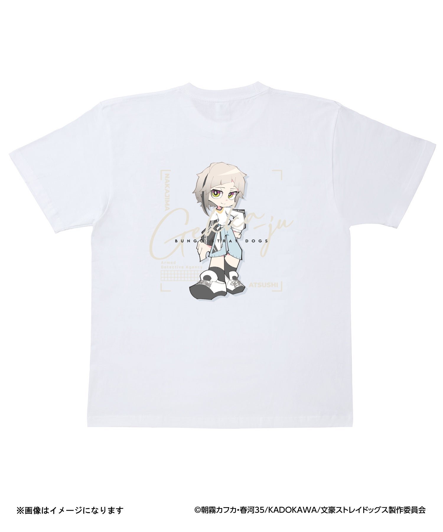 Tシャツ背面にプリントされた中島敦のデフォルメイラスト