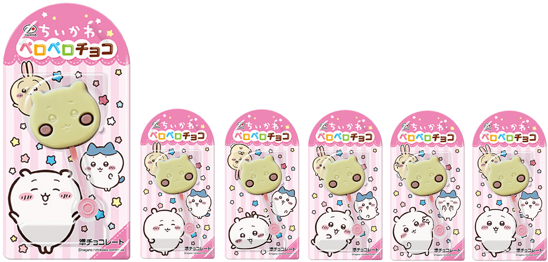 アニメちいかわペロペロチョコの縦長パッケージと台紙デザイン