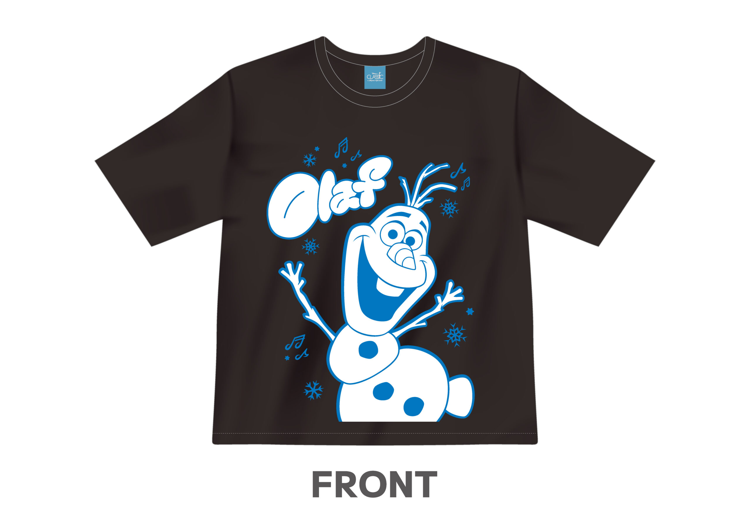 笑顔のオラフを大きく描いた黒のビッグTシャツ前面