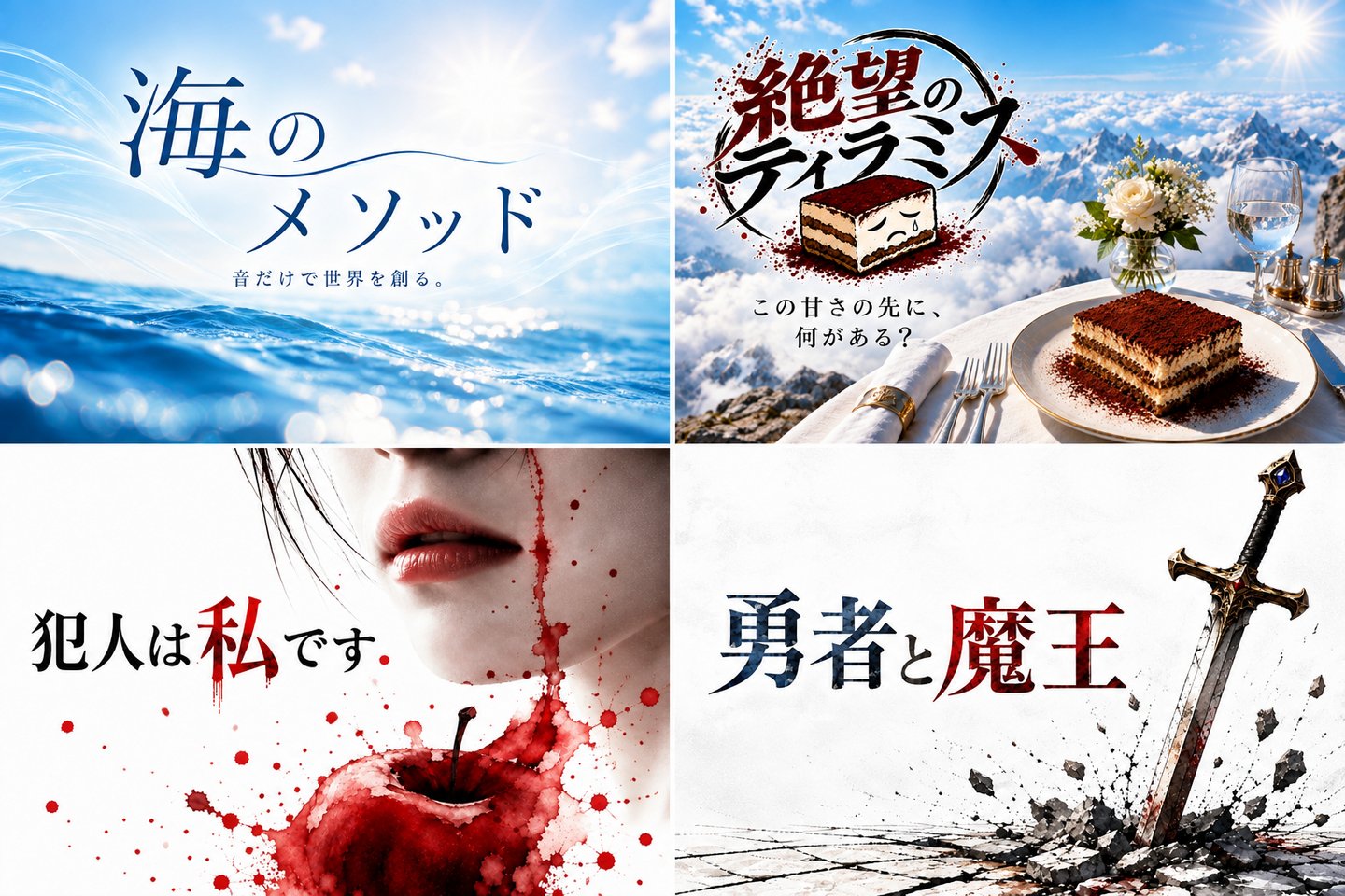 「海のメソッド」「絶望のティラミス」「犯人は私です」「勇者と魔王」の4作品ビジュアル