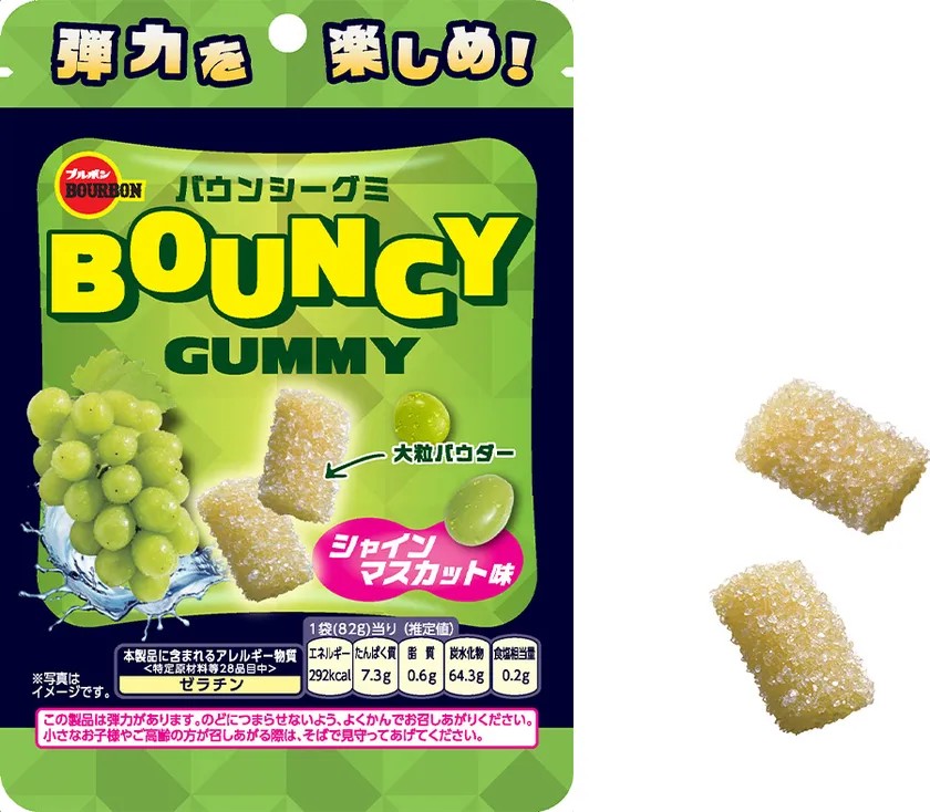 バウンシーグミシャインマスカット味のパッケージとグミ