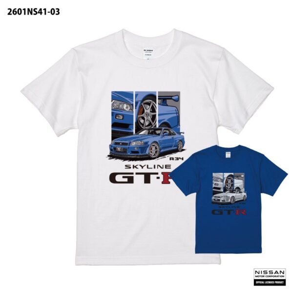 白とブルーのSKYLINE GT-R (R34) Tシャツを並べた商品画像