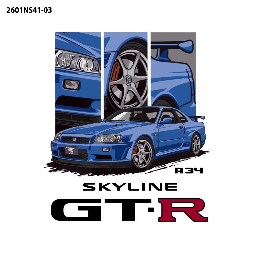 SKYLINE GT-R (R34) のヘッドライト・ホイール・リアウイングをコラージュしたフロントデザインの拡大図