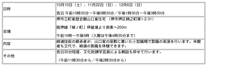堺式手織緞通技術保存協会による製織実演の開催概要