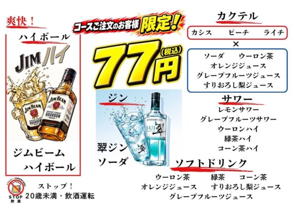 対象ドリンク1杯70円(税込77円)サービスのメニュー